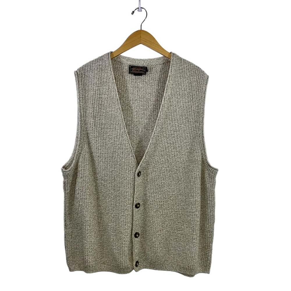 VTG Eddie Bauer Sweater Vest Sz LG Beige Waffle Knit Cotton Oatmeal Made In USA